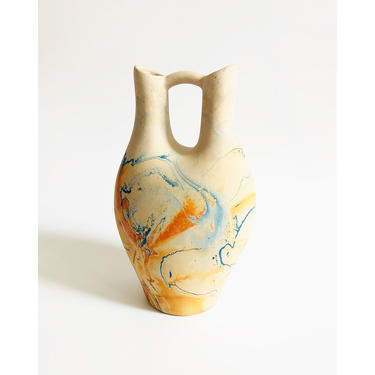 Vintage Large Nemadji Pottery Wedding Vase / Blue and Orange Swirls 