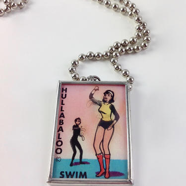 1960'S Lenticular Dancer Necklace - Vintage MOD - Do THE SWIM -Set in Metal - Large Ball Chain 