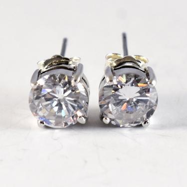 Classic 80's sterling cubic zirconia big bling statement studs, clear round CZ 925 silver SSI basket style post earrings 