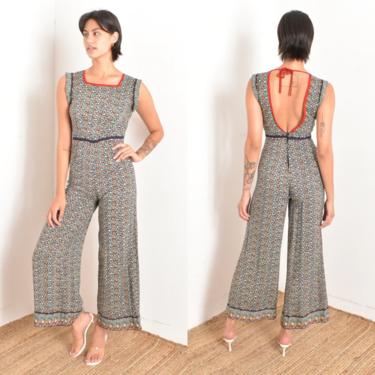 Vintage 1970s Jumpsuit / 70s Dark Floral Print Backless Jumpsuit / Navy Blue ( XS extra small ) 