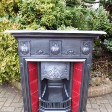Antique English Art Nouveau Cast Iron Combination Fireplace with Red Tiles 
