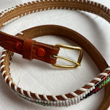 60’s 70’s Native American style beaded leather belt~ southwestern style Thunderbird decorative thin brown tooled leather size medium 32” W 