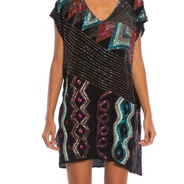 1980S Black Silk Crepe De Chine Beaded Squiggle Abstract Art Cocktail Dress 