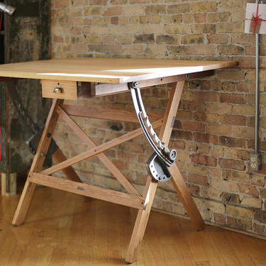 beautifully restored vintage drafting table desk by Dietzgen, wood and cast iron 