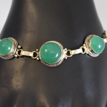Unusual 70&#39;s gilded 925 silver green onyx Byzantine bracelet, edgy sterling vermeil chain & links domed chalcedony hippie goth bracelet by BetseysBeauties