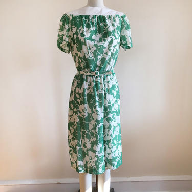 Green and White Floral Print Dress - Late 1970s 