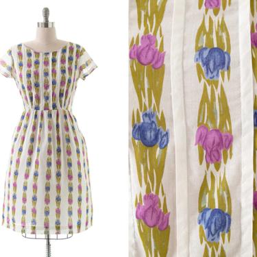 Vintage 1950s 1960s Dress | 50s 60s Iris Tulip Floral Printed Striped White Cotton Fit and Flare Midi Day Dress (large) 
