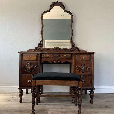 SAMPLE PIECE ONLY - Restored Antique Make-up Vanity with Mirror and Bench 