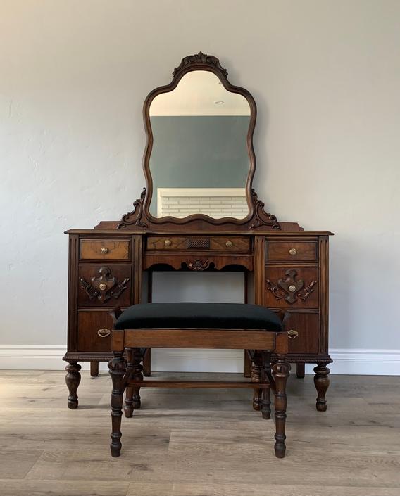 SAMPLE PIECE ONLY - Restored Antique Make-up Vanity with Mirror and Bench 