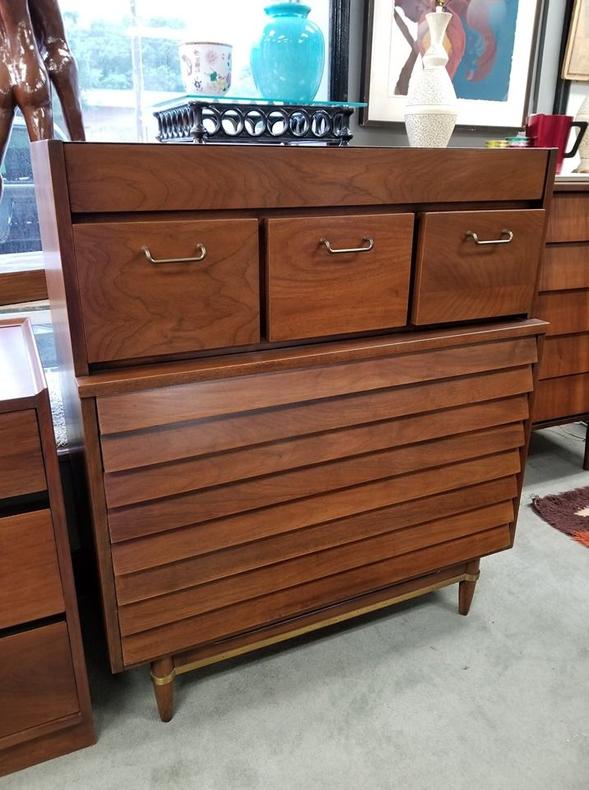                   Mid-Century Modern walnut highboy from the Dania collection by American of Martinsville