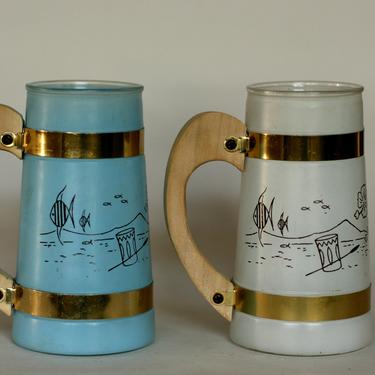 vintage siesta ware tiki bar mugs with wood handles/set of two/blue and white 