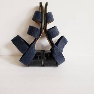 1990s Pancaldi Navy Blue Sandals Chunky Heel / 90s Elastic Open Toe Summer Shoes Slingbacks / Original Shoe Box + Dust Bag 