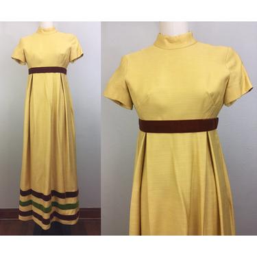 Vintage 60s 70s Yellow and Velvet Stripe Maxi Dress Victorian Edwardian Regency XS 