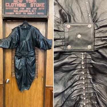 Vintage 1980’s Mad Max Style Avant Garde Black Leather New Wave Dress, Avant Garde, New Wave, Leather Dress, 1980s, Mad Max, Rivets, Studs 