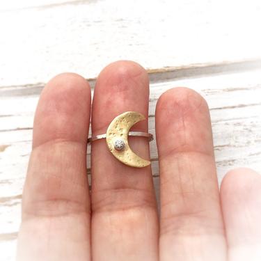 Crescent Moon Ring - Celestial Jewelry - Moon Ring with CZ stone - Moon Phase Ring - Lunar Landing Ring -  Luna Ring in Sterling and Brass 