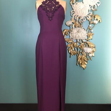 1990s formal gown, zum zum, vintage 90s dress, holiday dress, halter style, hourglass dress, glitter lace, purple evening dress, front slit 
