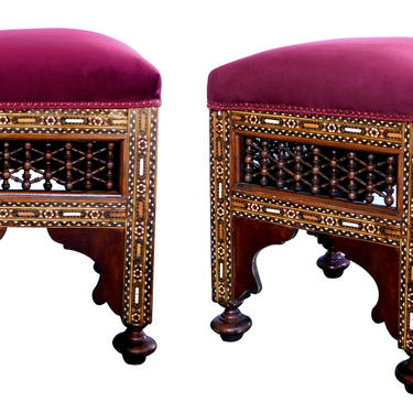 A Good Pair of Moroccan Carved and Inlaid Square Upholstered Stools