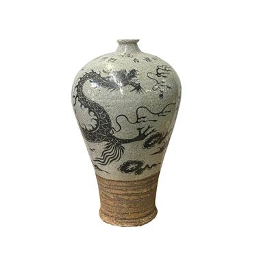 Chinese Crackle Gray Ceramic Hand-painted Dragon Vase ws1404E 