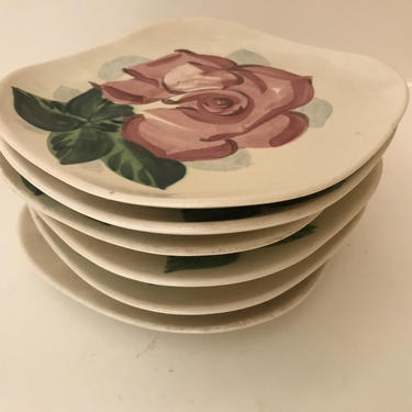 Vintage set of (7) Red Wing &amp;quot;Lexington&amp;quot;  Pattern Bread Plates-Pink Rose in the center- 1940's 