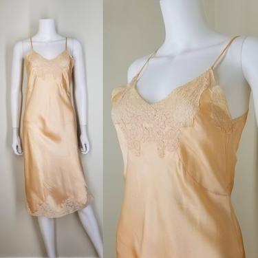 Vintage 40s Peach Silk Chemise, Small / Silk Slip Dress Lingerie / Bias Cut Silk Short Nightgown / Slinky Lace Bust 1940s Full Dress Slip 