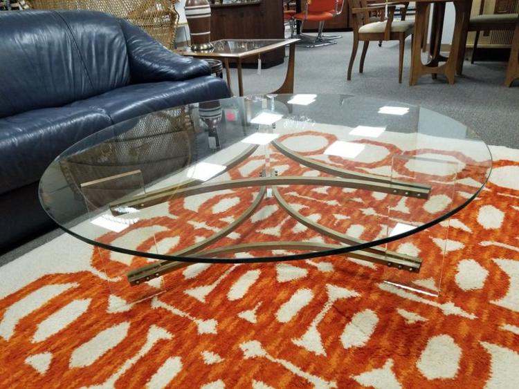                   Mid-Century Modern large brass and Lucite coffee table