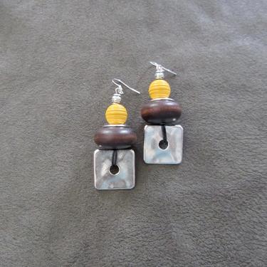 Hammered silver earrings, geometric earrings, unique mid century modern earrings, ethnic earrings, bohemian earrings, statement yellow 