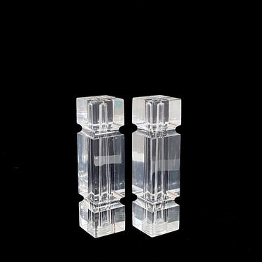 Vintage Modern 1970s Space Age Carved Lucite Acrylic Clear Plastic Salt and Pepper Shakers 7&quot; Tall Chic Modernist Design 