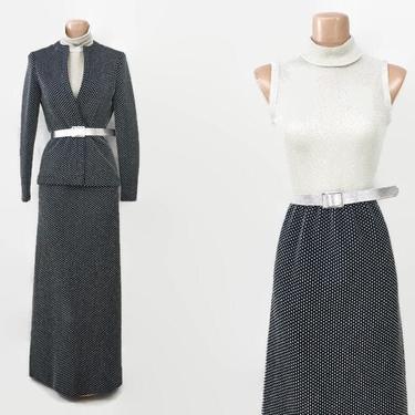 VINTAGE 70s Silver Lurex and Navy Blue Knit Maxi Dress and Jacket Set | 1970s Hostess Gown, Jacket, Belt Outfit | Long Disco Party Dress 