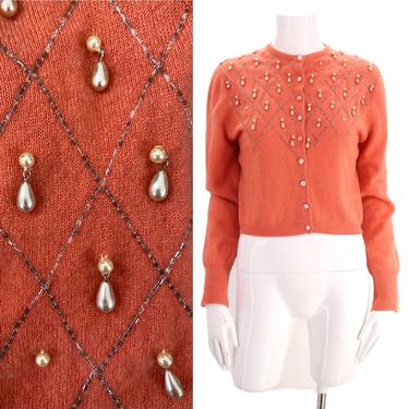 50s cashmere pin up cardigan sweater / vintage 1950s coral pearl drop Sydneys Originals novelty beaded 100% cashmere knit top M 