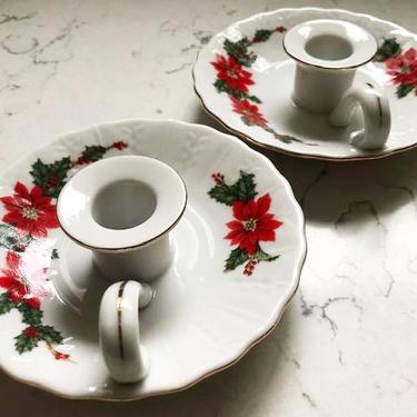 Pair Vintage Lefton Christmas Poinsettia Embossed Porcelain Taper Candle Holders 1987 by LeChalet