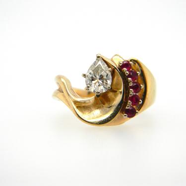 Vintage .57 Ct Pear Shape Diamond & Ruby Ring 14k Yellow Gold Sz 7.75 Modernist 