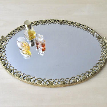 sweet oval vanity tray - Matson style vintage gold boudoir mirror with handles 