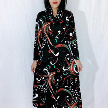 Vintage 60s Mod Black Flower Swish Pattern Polyester Fold Over Cowl Neck Long Sleeve Aline Maxi Dress M 