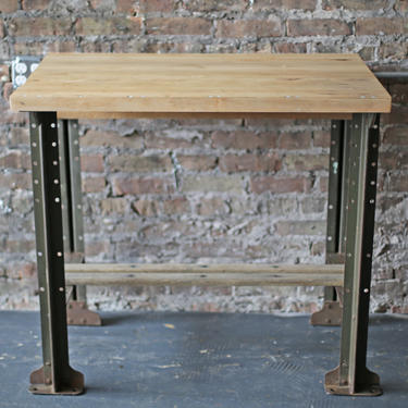 upcycled vintage industrial work table: restored old workbench butcher block on Lyons Industrial legs 