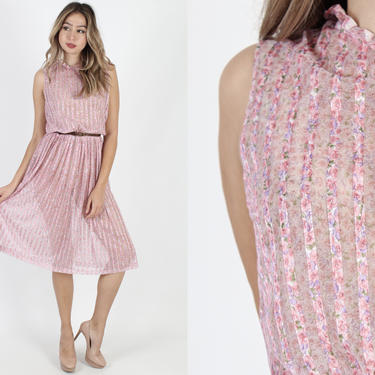 Vintage 70s Summer Dress Pink Striped Dress Ruffle Collar Dress See Through Dress 1970s Sheer Floral Boho See Through Thin Midi Mini Dress 