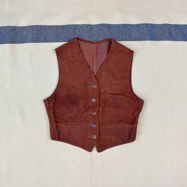 Size S Vintage Women’s 1930s 1940s Suede Button Front Vest with Art Deco Side Tab Adjusters 