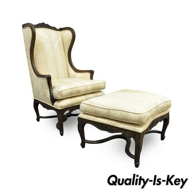 Vintage French Country Louis XV Style Carved Walnut Wing Back Chair &amp; Ottoman
