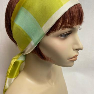 VERA 60’s 100% silk scarf extra long rectangular pastel green chartreuse & yellow color block pattern~ vintage silky necktie hair wrap 