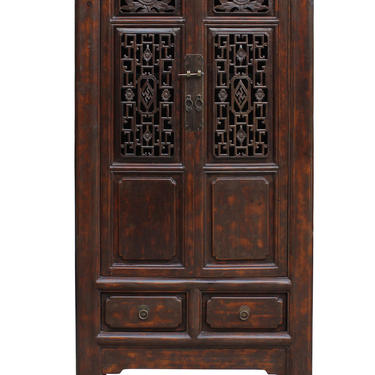 Chinese Distressed Brown Floral Motif Open Panel Storage Cabinet cs2237E 