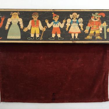 Vintage Child's Puppet Theatre Curtain, Head Board And Velvet Curtain, Bohemian Decor, Storybook Characters, Puppet Stage Curtain 