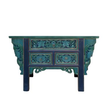 Chinese 3 Drawers Flower Carving Teal Blue Green Side Table Cabinet cs7198E 