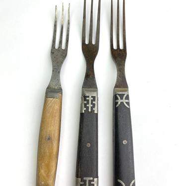 Vintage Antique Civil War Era 3 Prong Fork Set of 3 Wood Pewter Metal Inlay 
