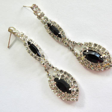 1970s Black and Clear Rhinestone Pierced Dangle Earrings 