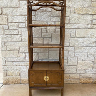 Ficks Reed Tall Etagere Shelf with Lower Cabinet, Wood and Rattan, Faux Bamboo and Brass Accents, Hollywood Regency, Palm Beach, Chinoiserie 