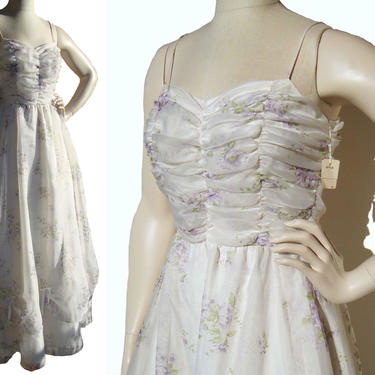Vintage 70s Prom Dress Floral Lavender Chiffon Gown Deadstock w/ Tags – S / M 