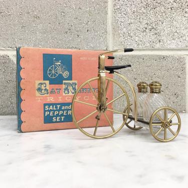 Vintage Salt and Pepper Shakers Retro 1950s Mid Century Modern + Gay Nineties Tricycle + 24Kt Gold Plated + MCM + Home and Kitchen Decor 