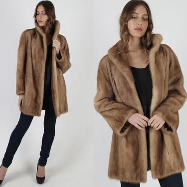 Margot Tenenbaum Costume Jacket / Autumn Haze Mink Fur Coat / Large Fur Back Roll Shawl Collar / Vintage Tan Stroller Mid Length Coat 