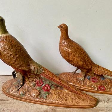 60's Vintage Pheasants By Holland Mold, Hand Painted By Artist, Cabin Decor, Mid Century Modern, Fall, Bird Figurines, Man Cave Bar Decor 