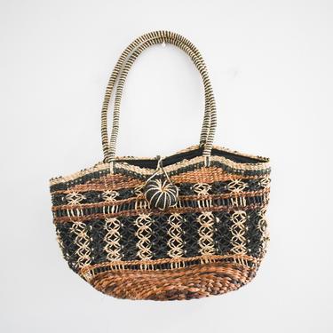 1990s Black and Brown Straw Tote Bag 