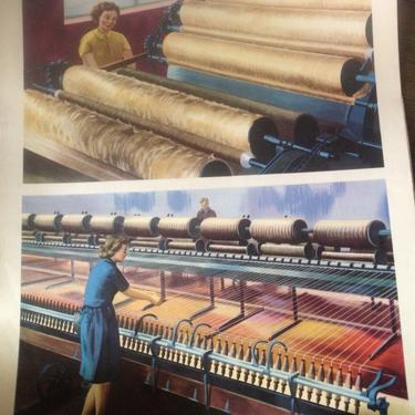 Scottish School Poster 1950s Mid Century, Educational, Steps in Making Cloth, Textiles, Industrial 